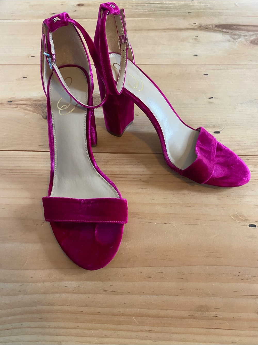 Sam Edelman Pink Raspberry Velvet Ankle-Strap Block Heels Sz 11